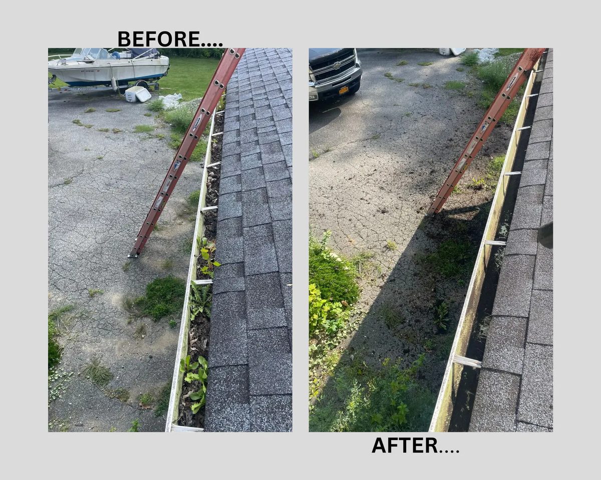 Before and after gutter cleaning photo